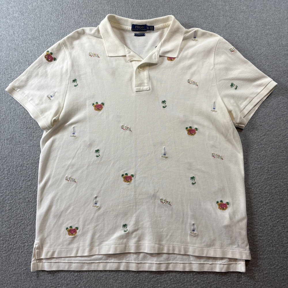 Polo Ralph Lauren Womens XL Hawaiian Polo Shirt White Tropical Aloha Embroidered